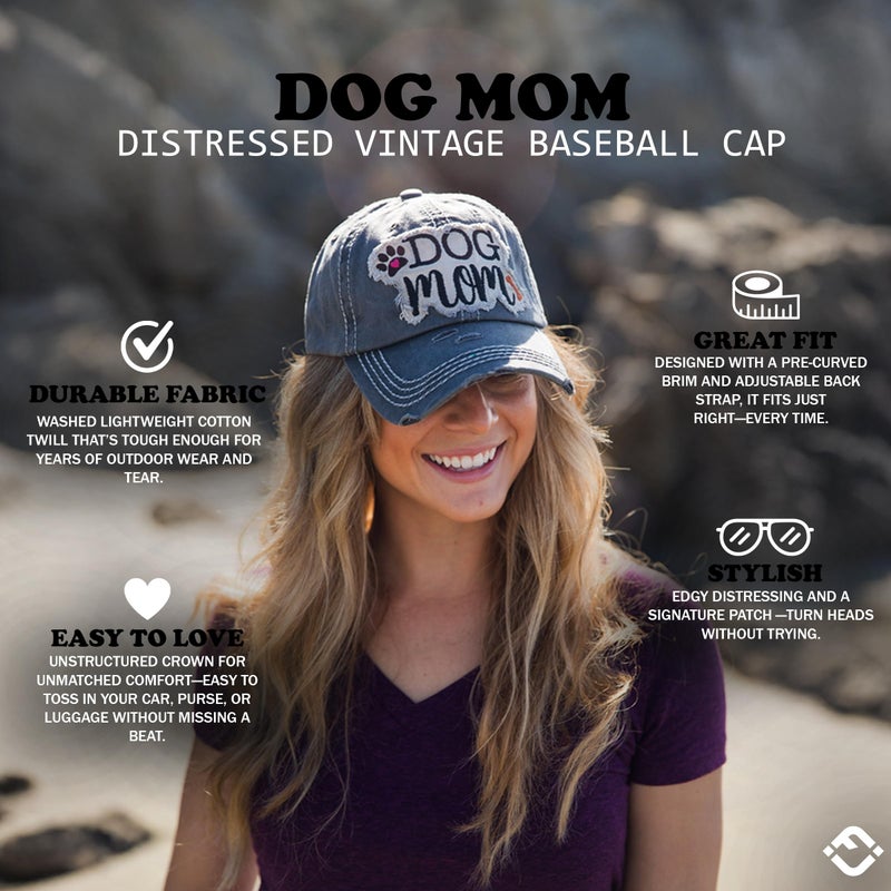 Funky Junque Distressed Baseball Cap Vintage Women Dad Hat - Dog Mom Patch (Black) - Image 2